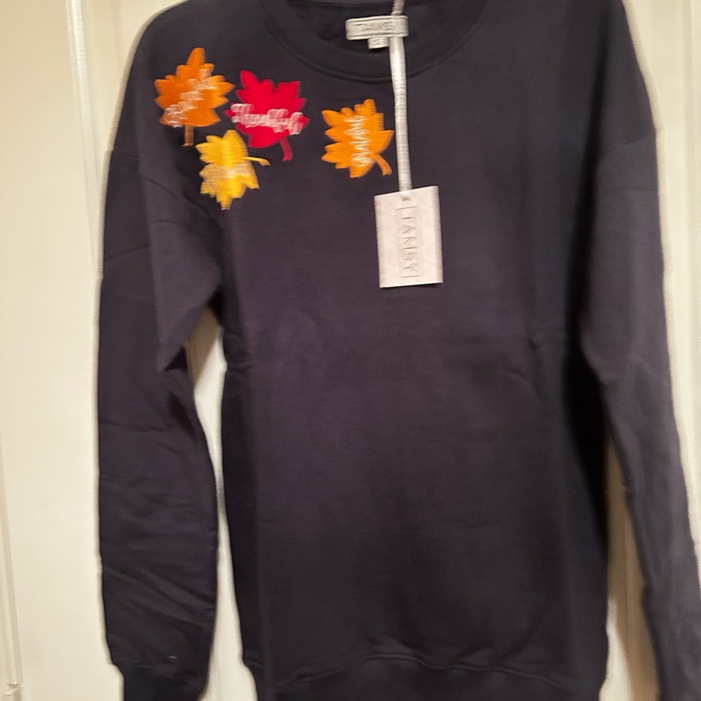 NEW 🍁 Autumn Navy Fleece Knit Sweatshirt Maple Leaves (100% Cotton) - S